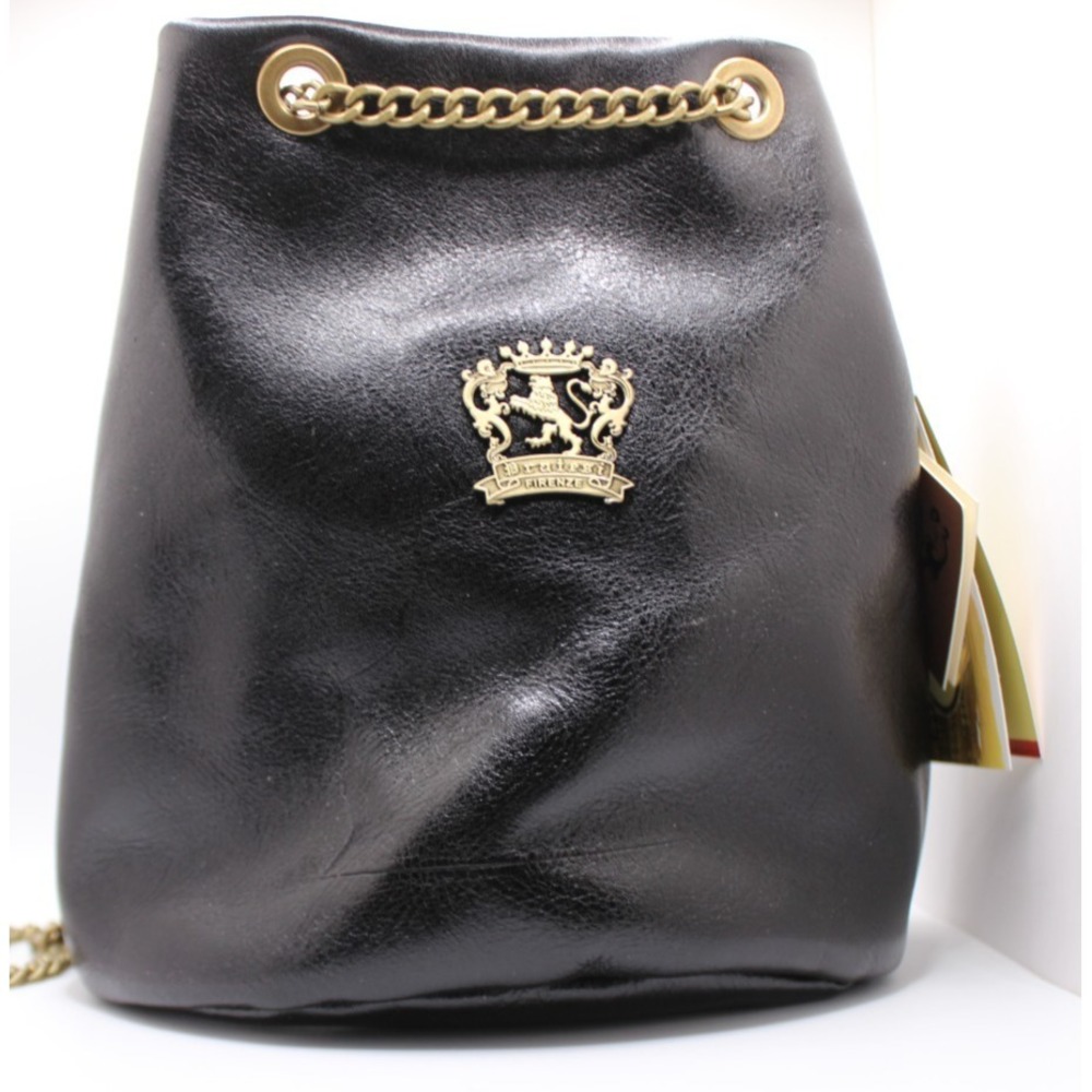 Pratesi Pienza blk Lthr bucket-style bag gold logo & chain strap NWT